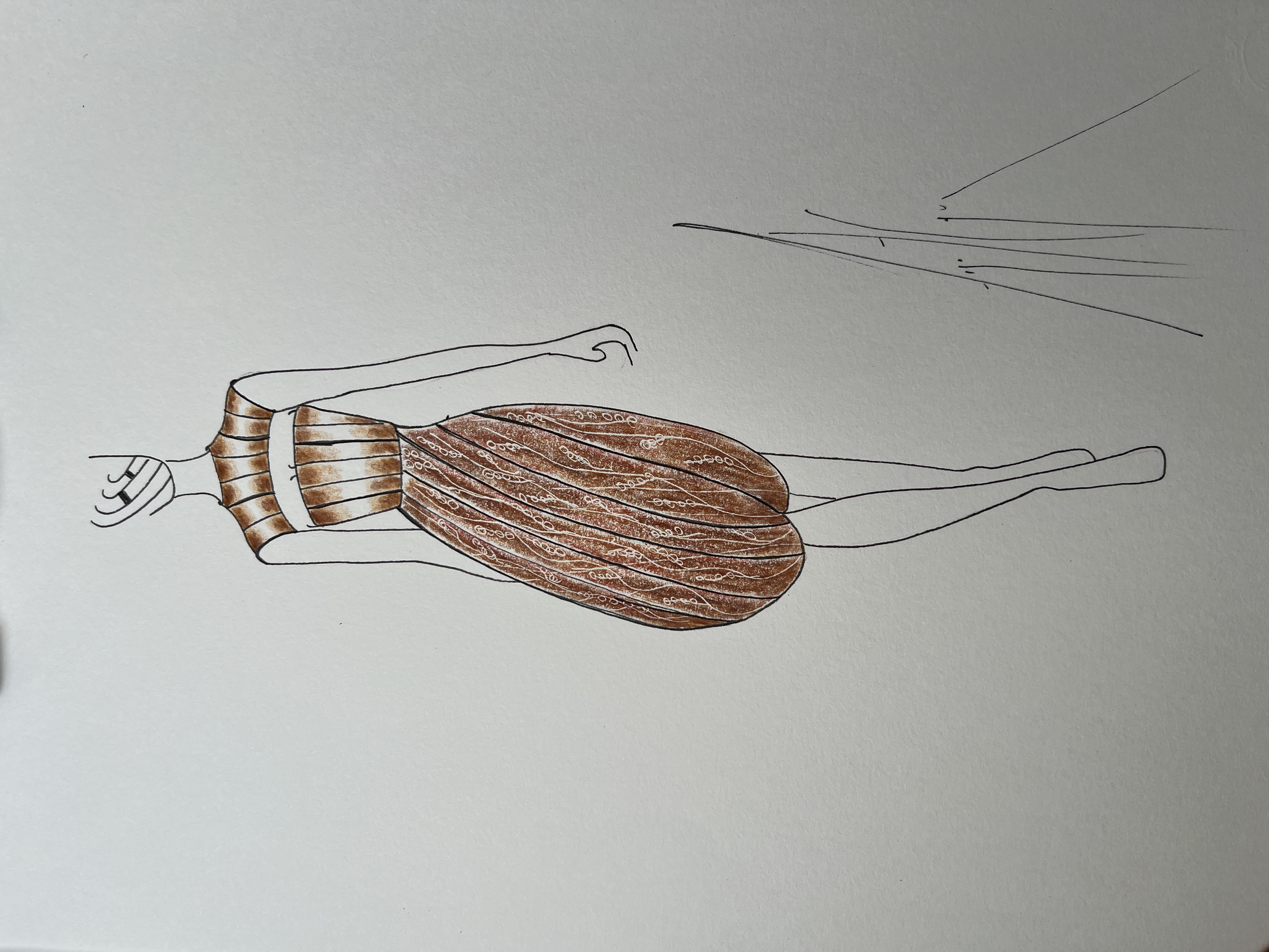 dessin du modèle original d'une robe en satin marron doux à petits plis et jupe ballon